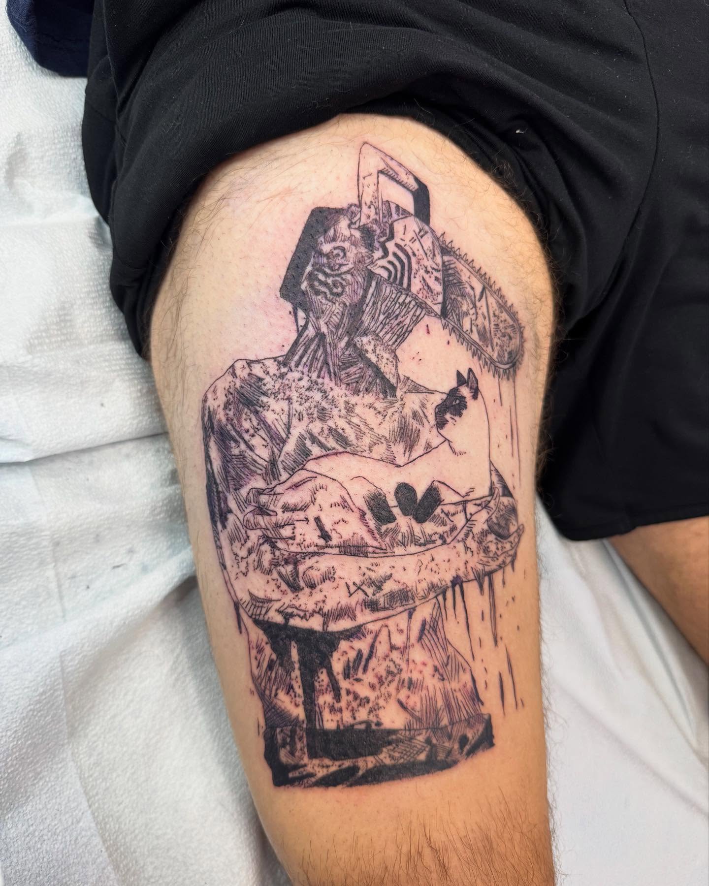 Statue black and grey tattoo on the thigh by Marissa Losier