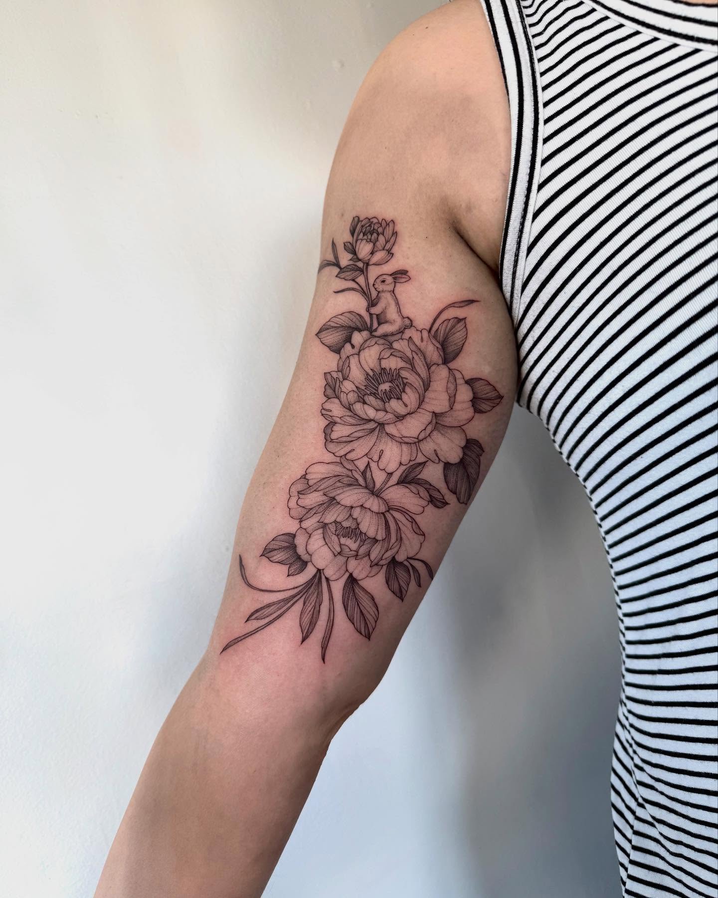 Peony flowers black and grey tattoo on the forearm by See See : botanical tattoo artist :