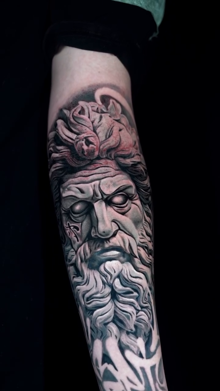 Bust of Zeus realism tattoo by Ricardo javier Gil, Dallas, Texas