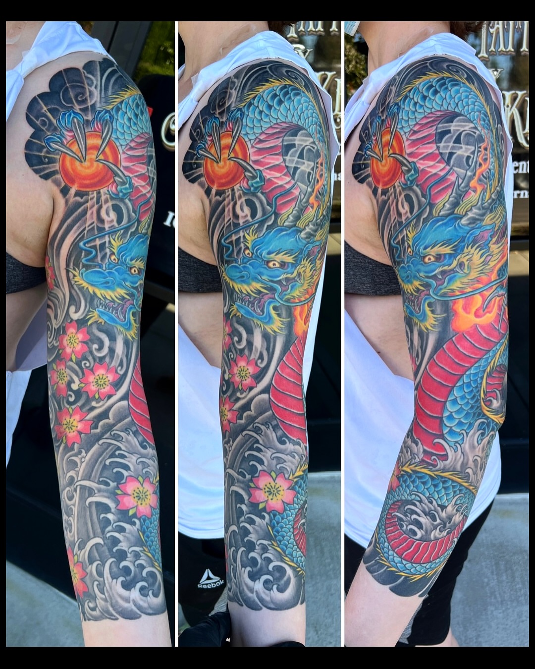 Dragon and flowers japanese irezumi tattoo on the upper arm by James Kern * Visionary Tattoo Artist *