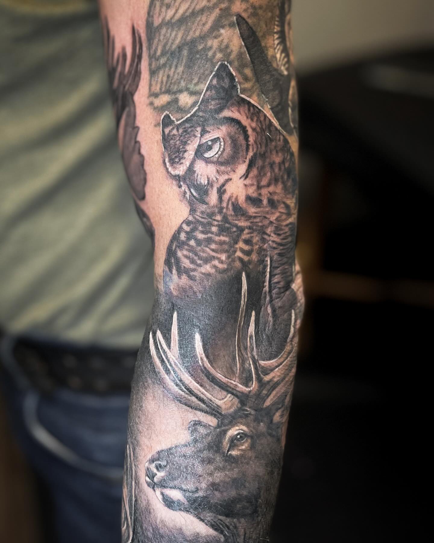 Owl and deer realism tattoo on the forearm by Katlyne Jones