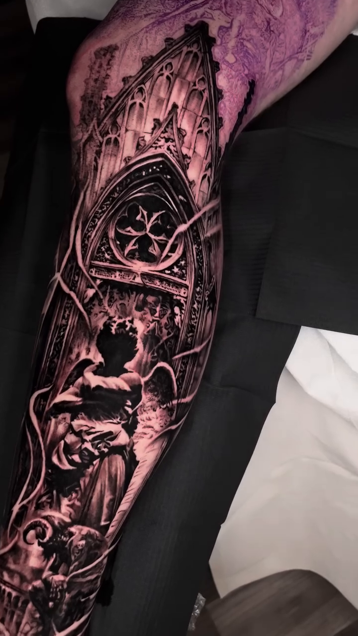 Gothic cathedral scene with figures dark realism tattoo by Armando Galán 🇨🇱🇺🇸