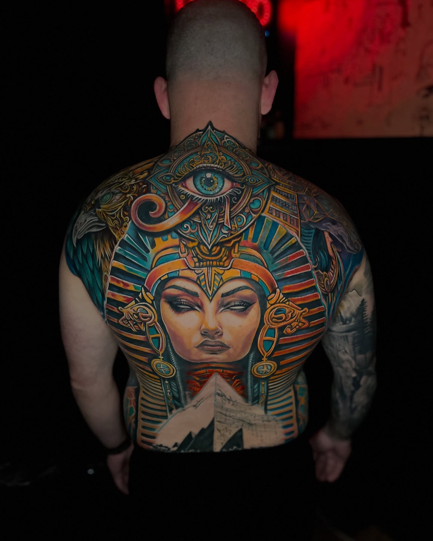Pharaoh illustrative tattoo on the back by Yanko Reyes