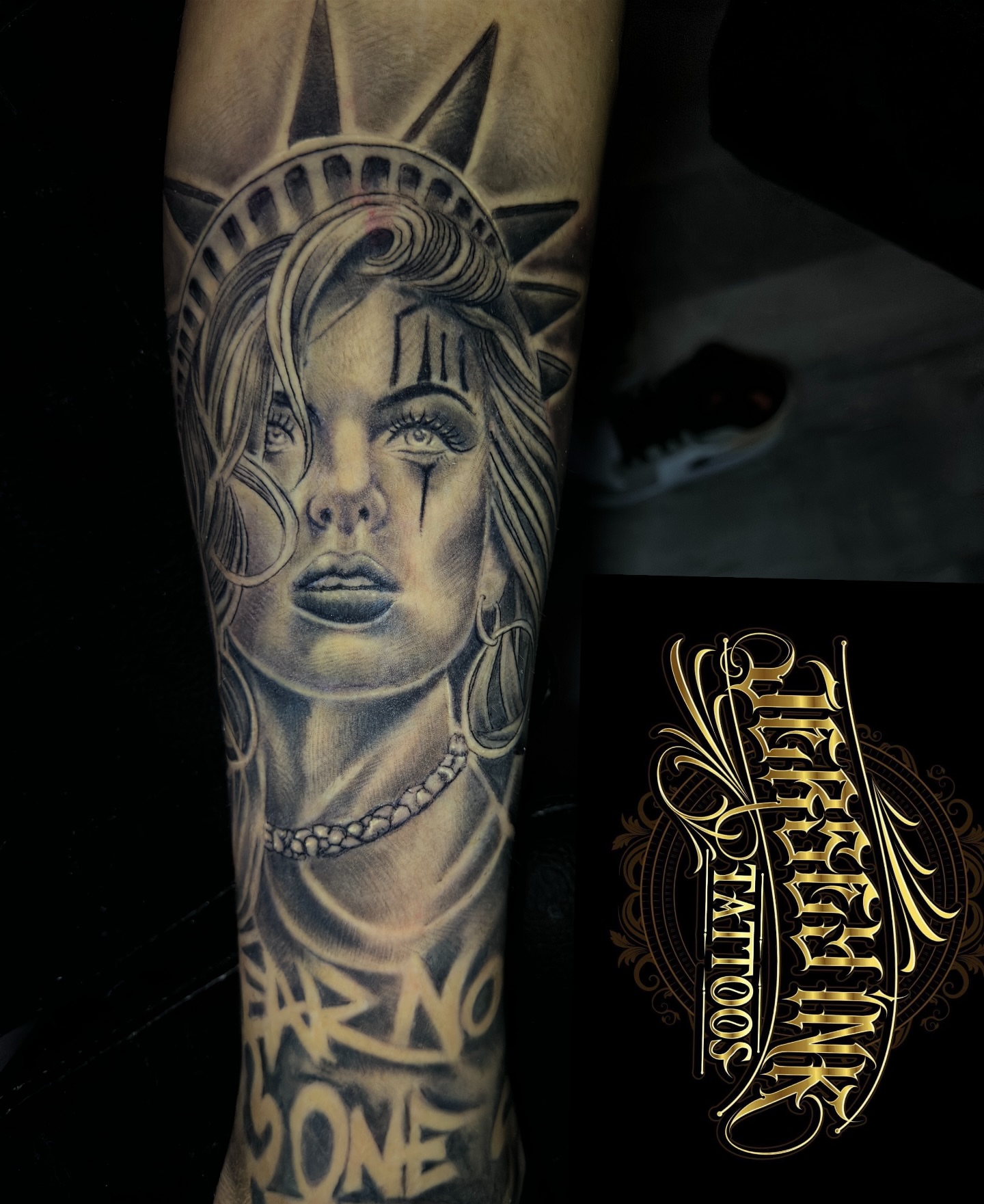 Statue of liberty realism tattoo on the forearm by jersey ink tattoos, Elizabeth, New Jersey