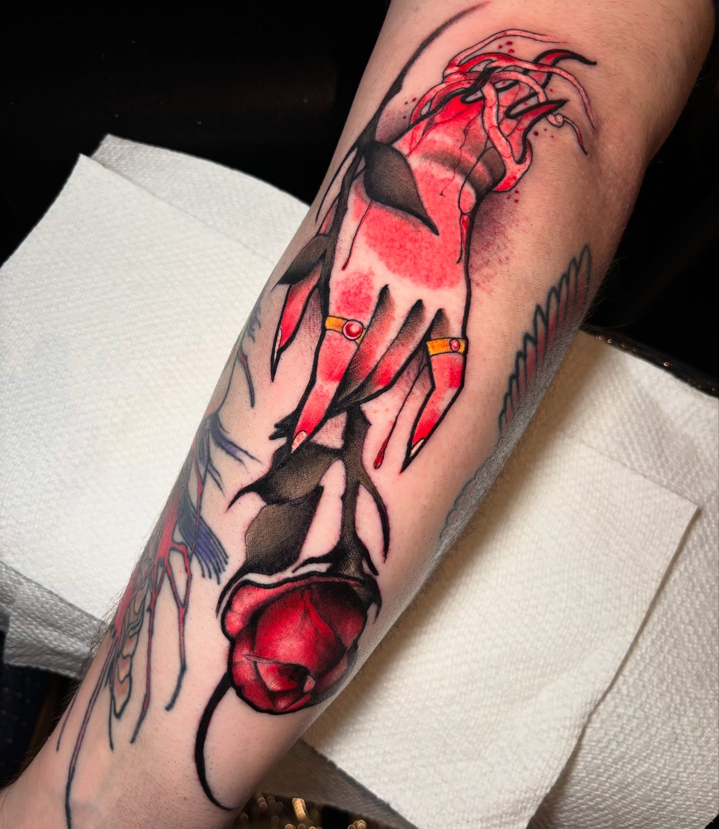 Woman in bikini American traditional tattoo on the forearm by Matt Stolzenburg