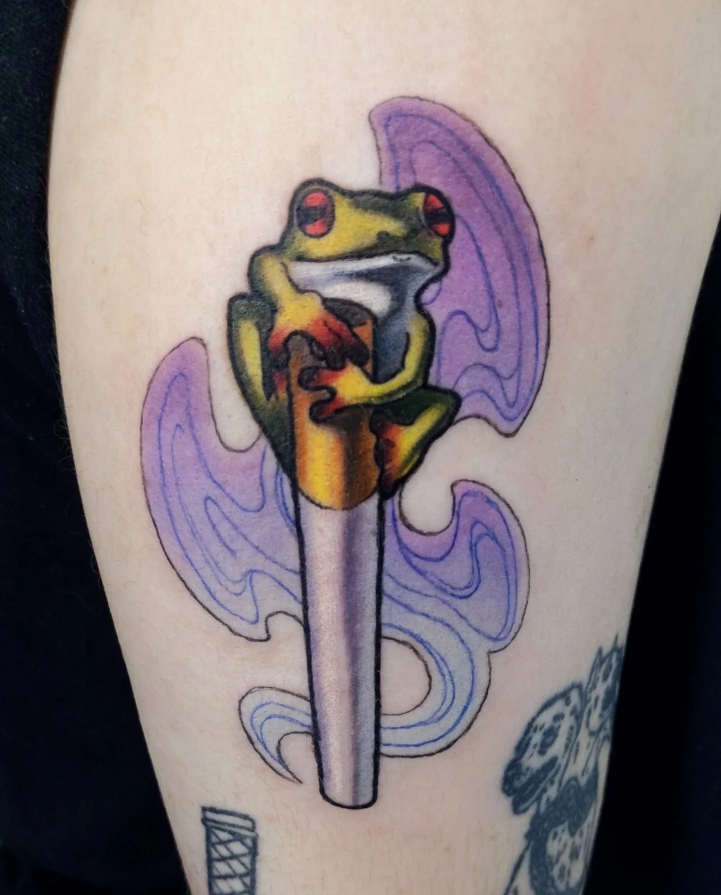Frog new school tattoo on the forearm by Lahel (Lay-el) Fowler