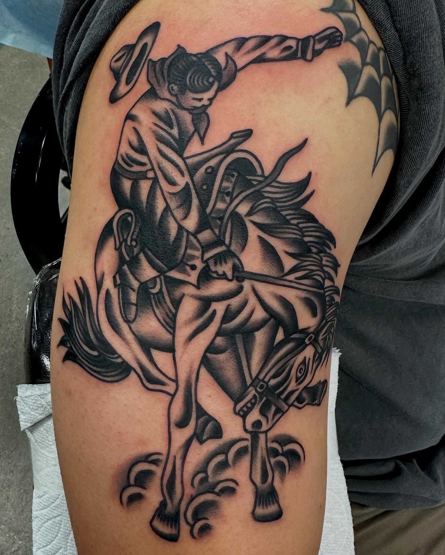 St george slaying dragon American traditional tattoo on the thigh by Dave G