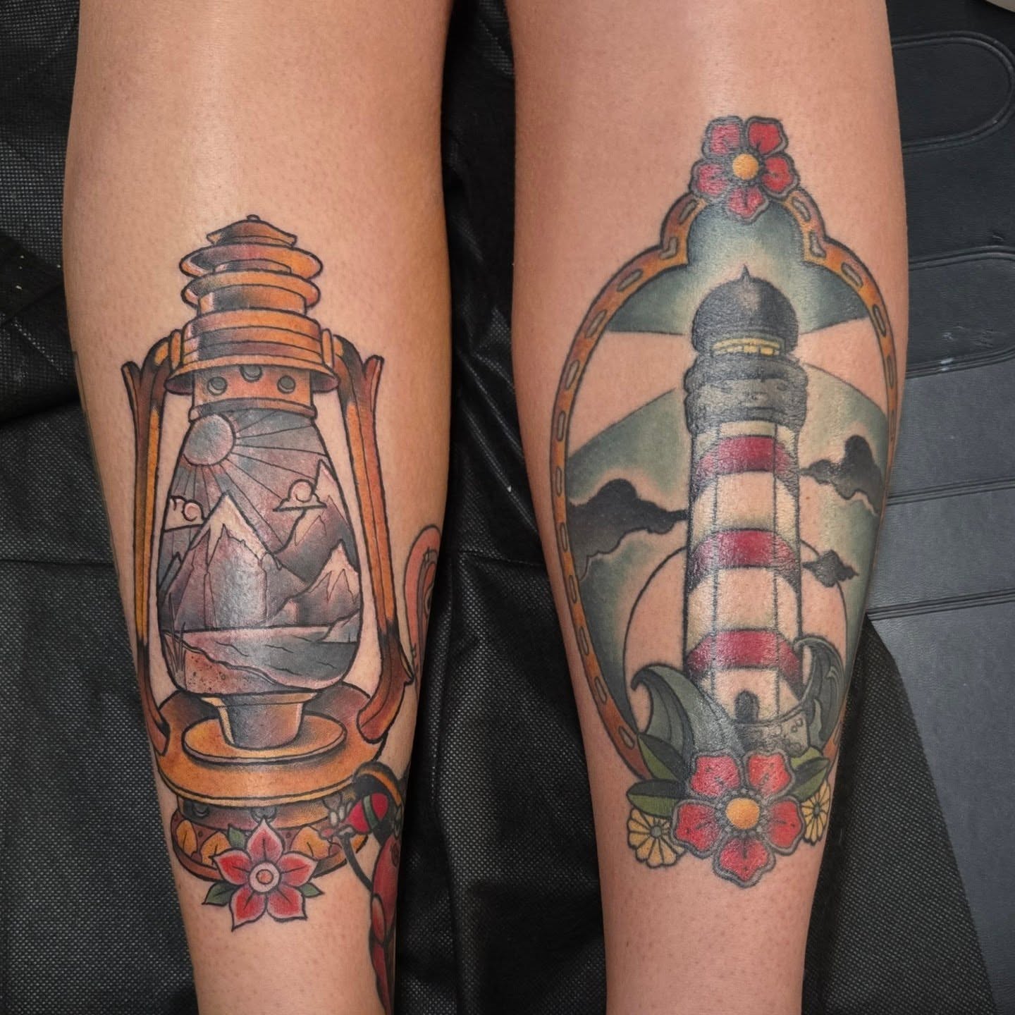 Lighthouse and lantern American traditional tattoo on the forearm by Jamie Clinton