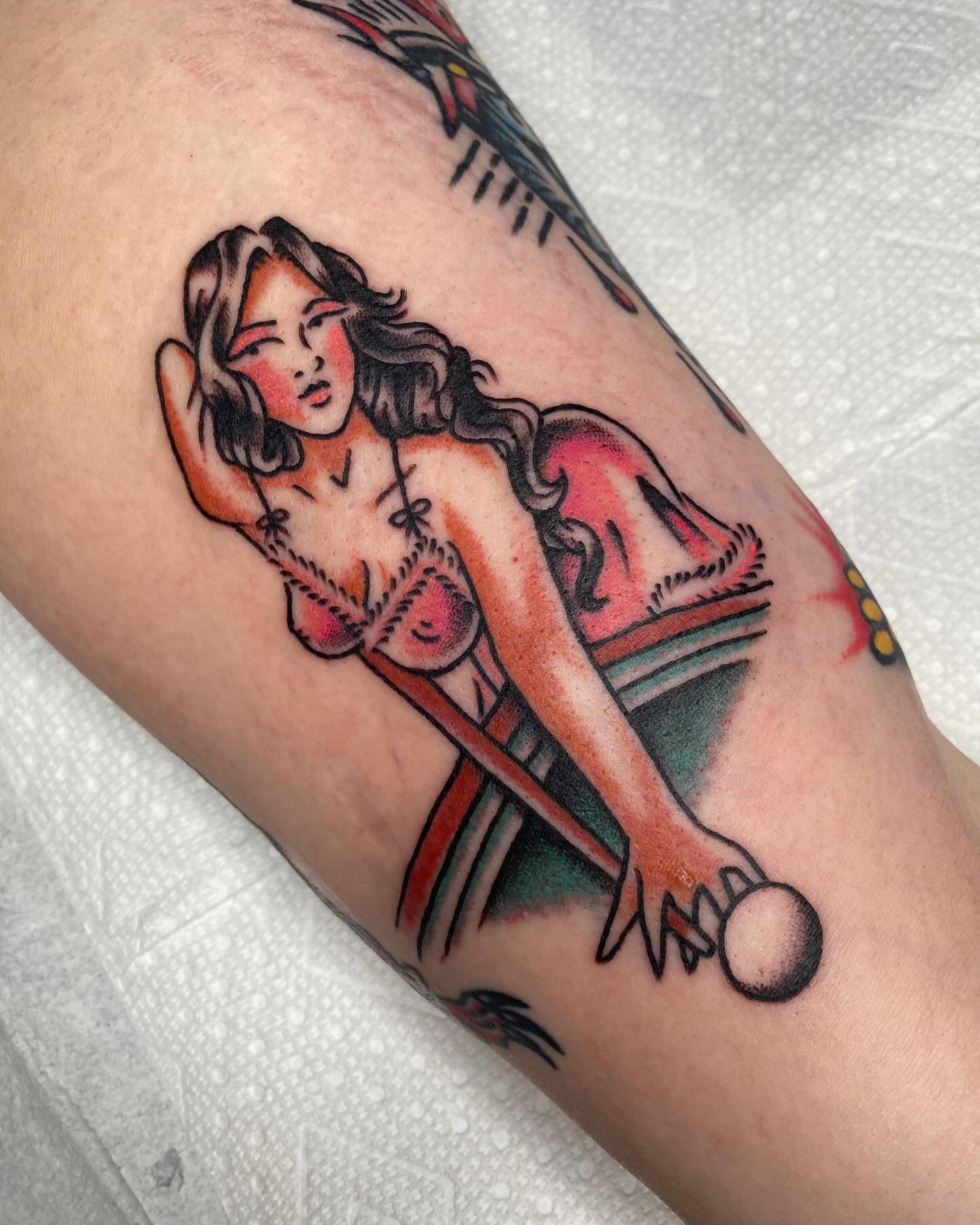 Bowling girl American traditional tattoo on the forearm by Morgana Sutherland