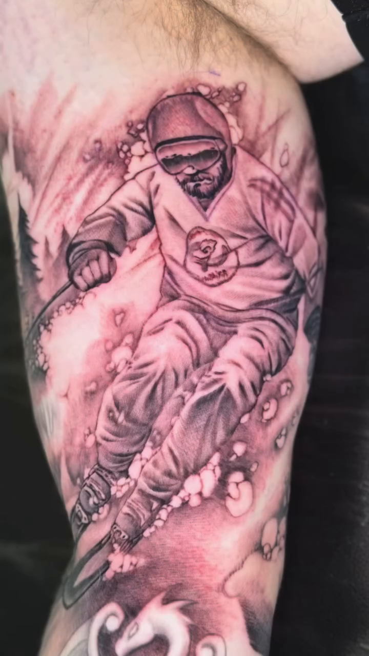 Skier in action realism tattoo by Matti Hixson