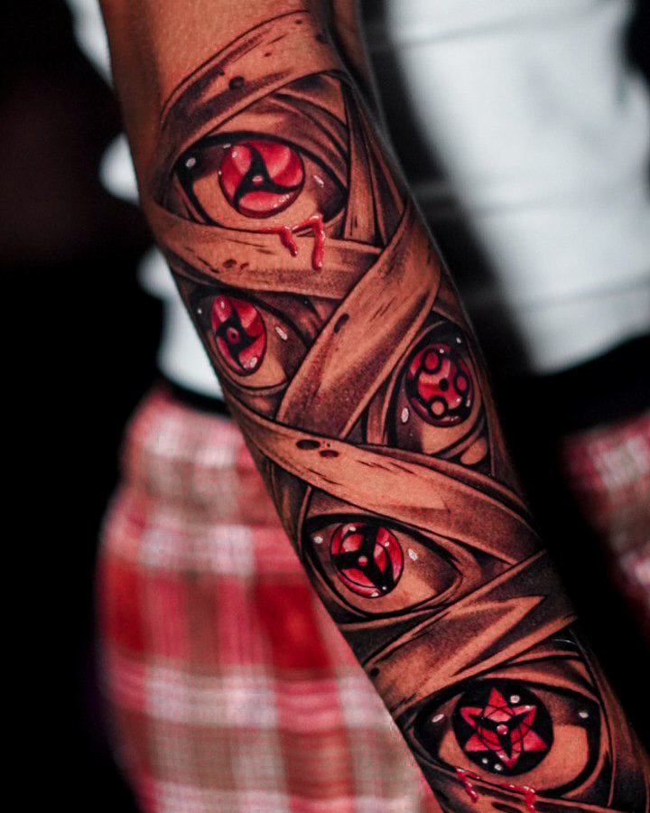 Naruto sharingan eyes realism tattoo on the forearm by Angel Gonzalez