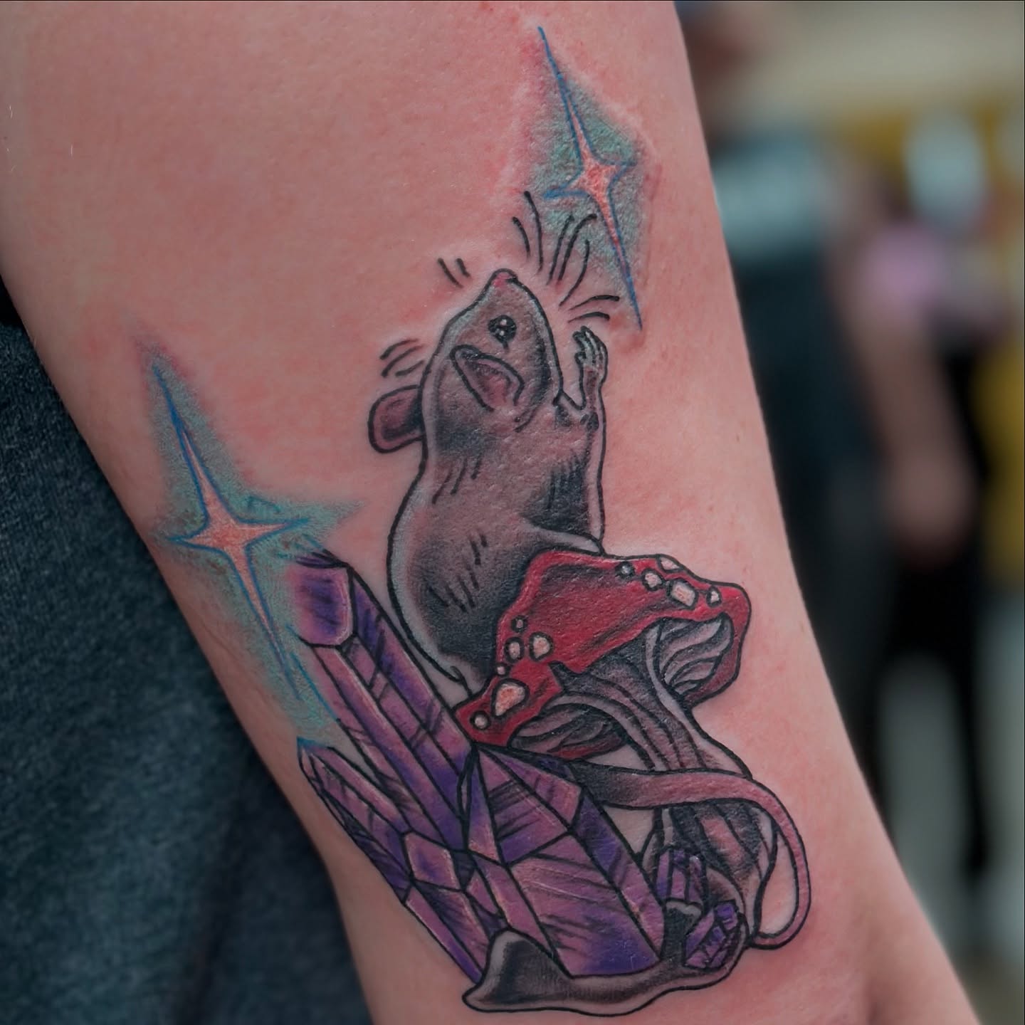 Rat and crystal geometric tattoo on the forearm by Emily K Lingg