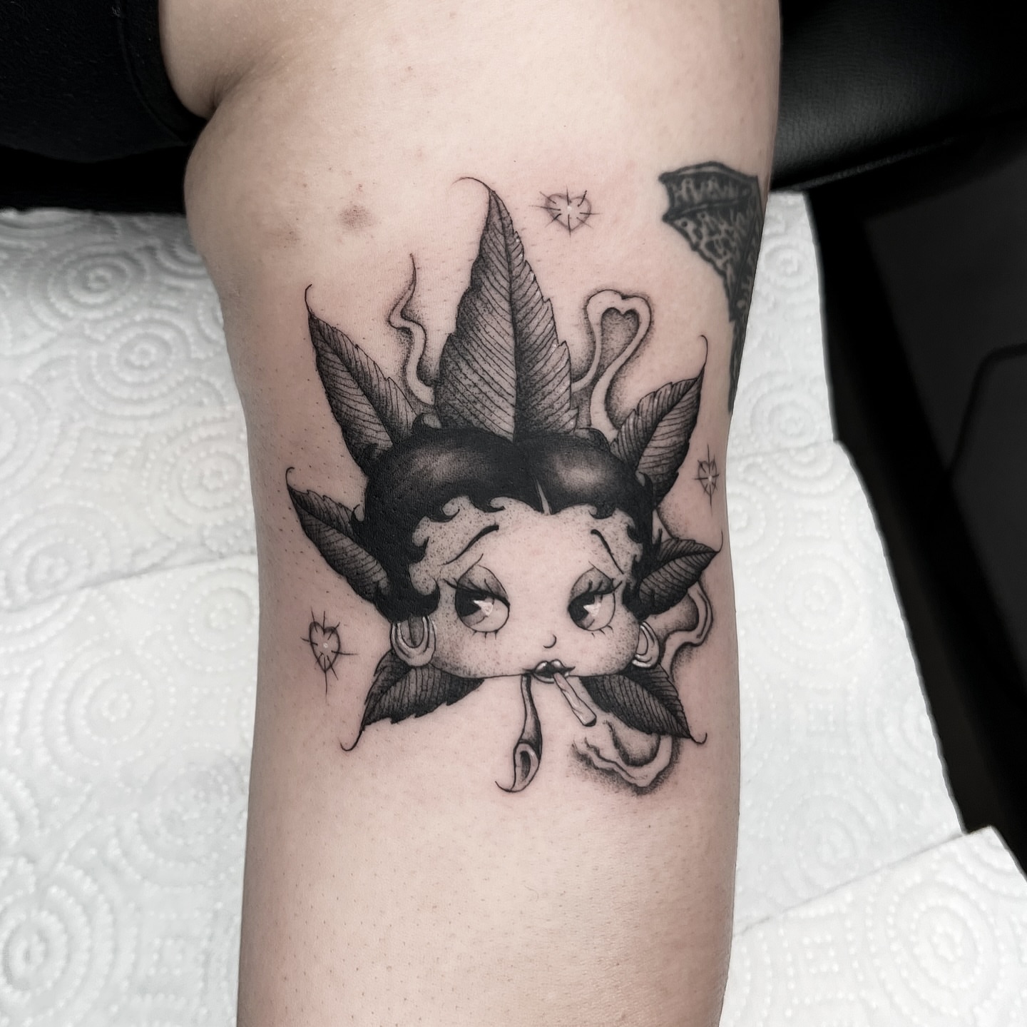 Betty boop black and grey tattoo on the forearm by @sadfoo_tattoo, Austin, Texas