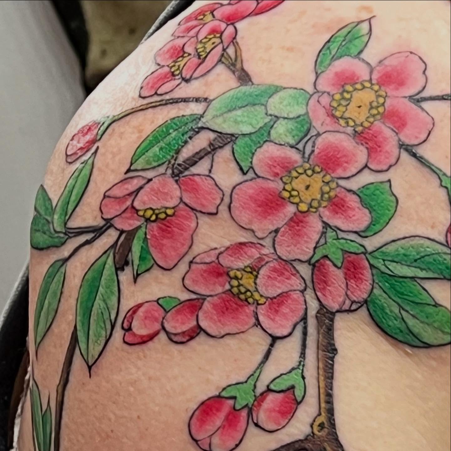 Cherry blossoms dotwork tattoo on the shoulder by Levi Cox, Powell, Ohio