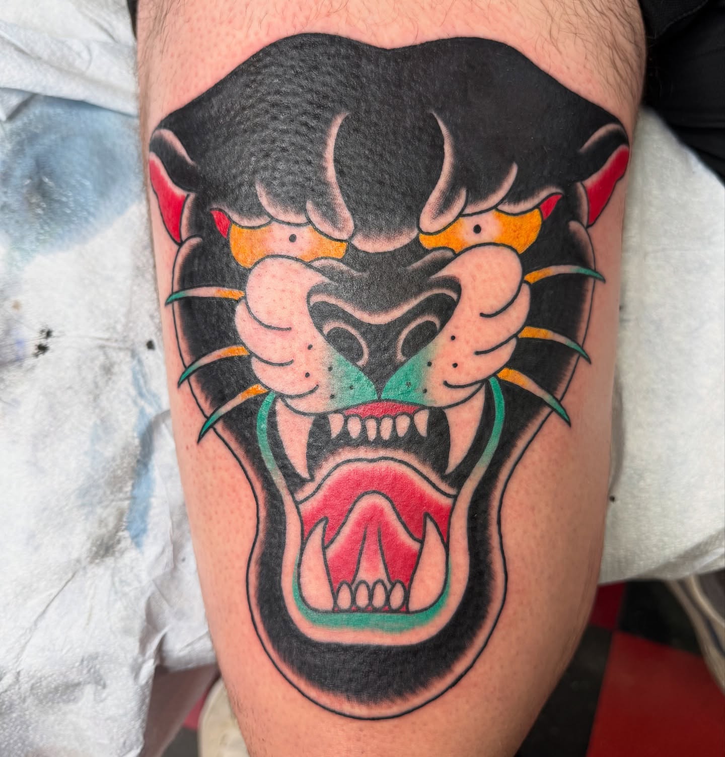 Panther American traditional tattoo on the thigh by DemianThompson