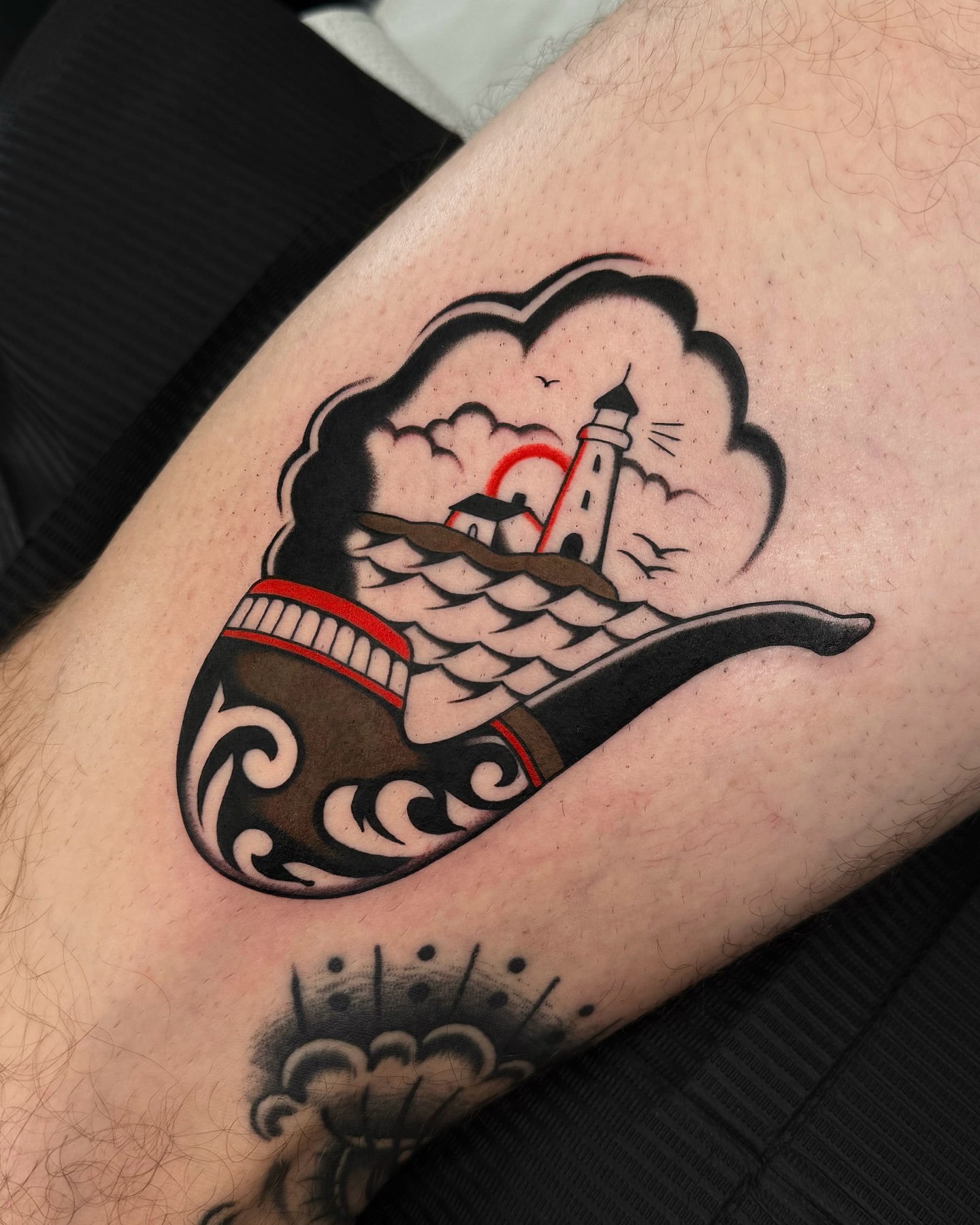 Lighthouse and waves American traditional tattoo on the forearm by 𝒟𝑜𝓃𝓃𝒶 𝒥 ࿏ Portland Tattoo Artist