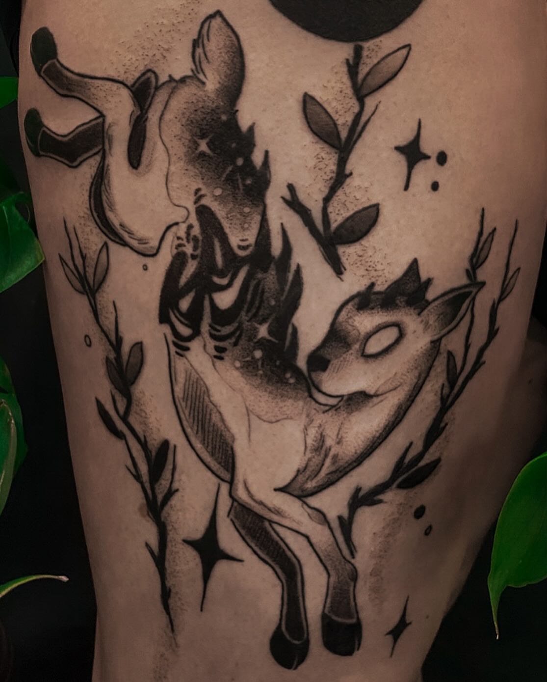Deer and branches dotwork tattoo on the thigh by ✥ G i t t a ✥