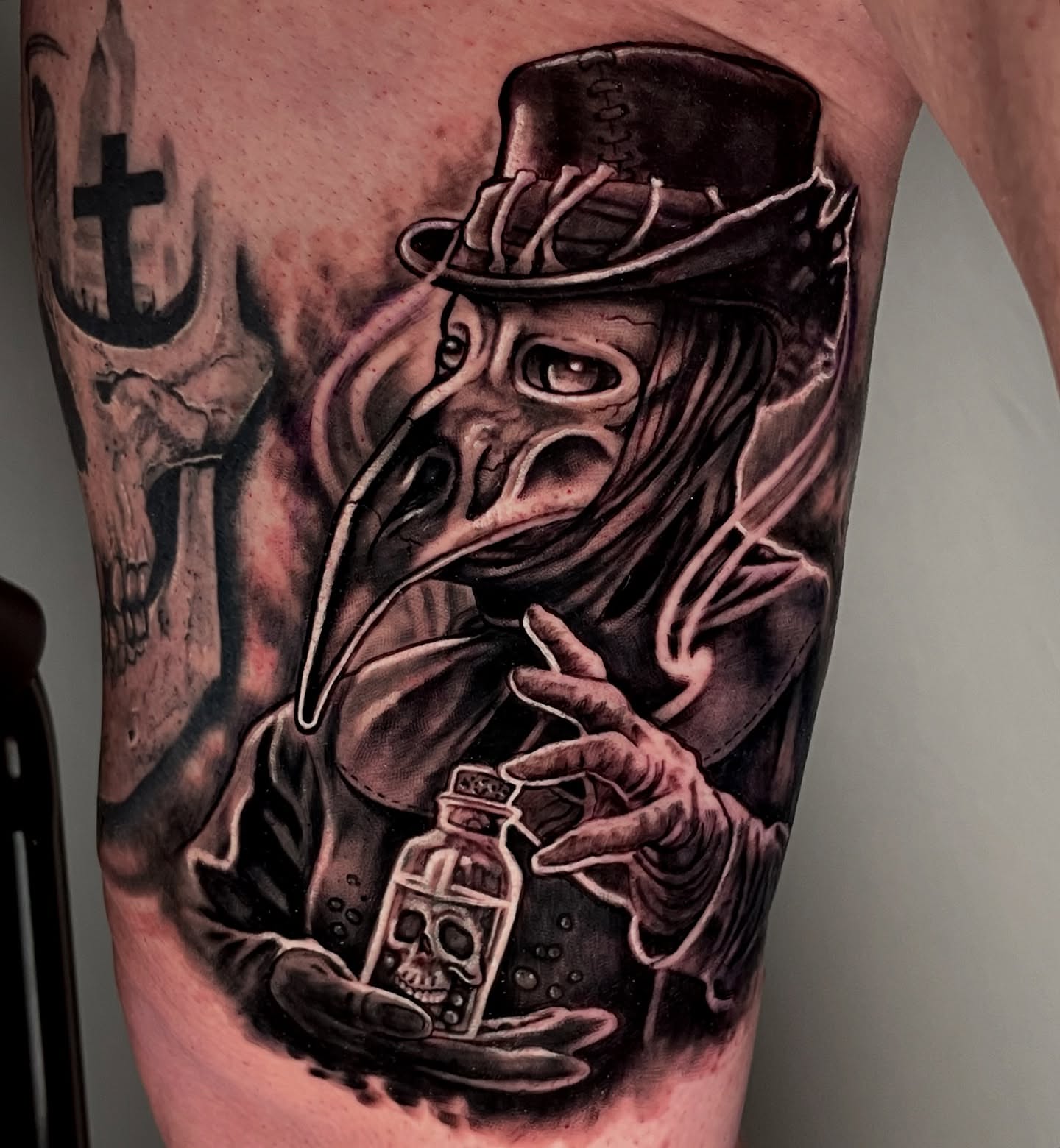 Plague doctor realism tattoo on the thigh by Izak Blanke, Murfreesboro, Tennessee
