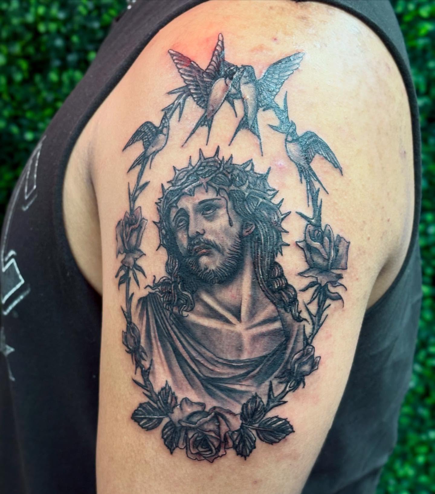 Jesus Christ realism tattoo on the shoulder by Majesty Selvera