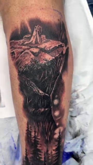Floating islands with figures realism tattoo by Steve Bishov