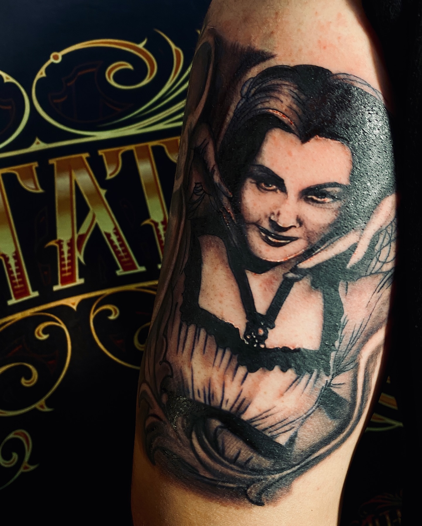 Vampire woman dark realism tattoo on the forearm by Nessa, Las Vegas, Nevada