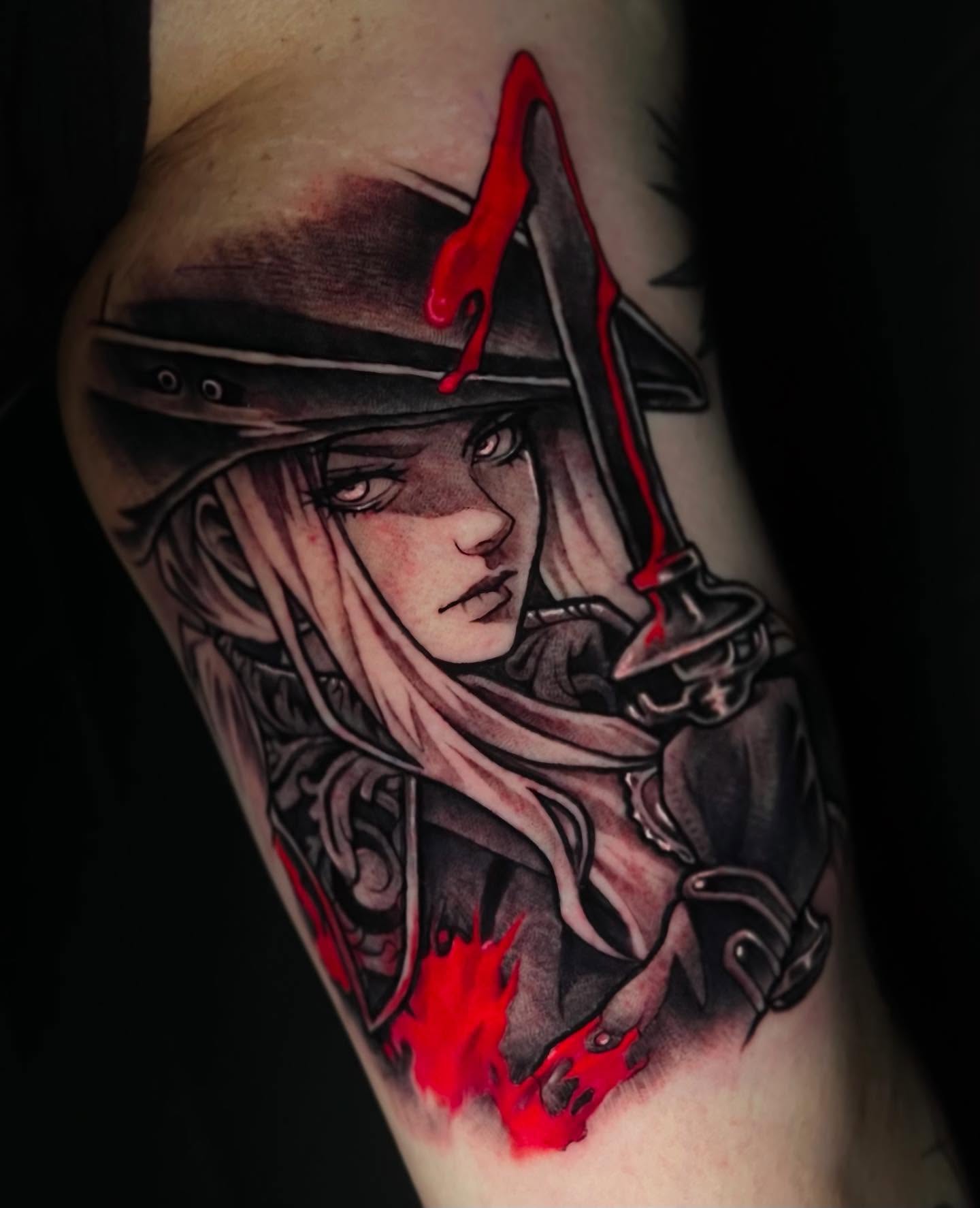 Female warrior dark realism tattoo on the forearm by emi