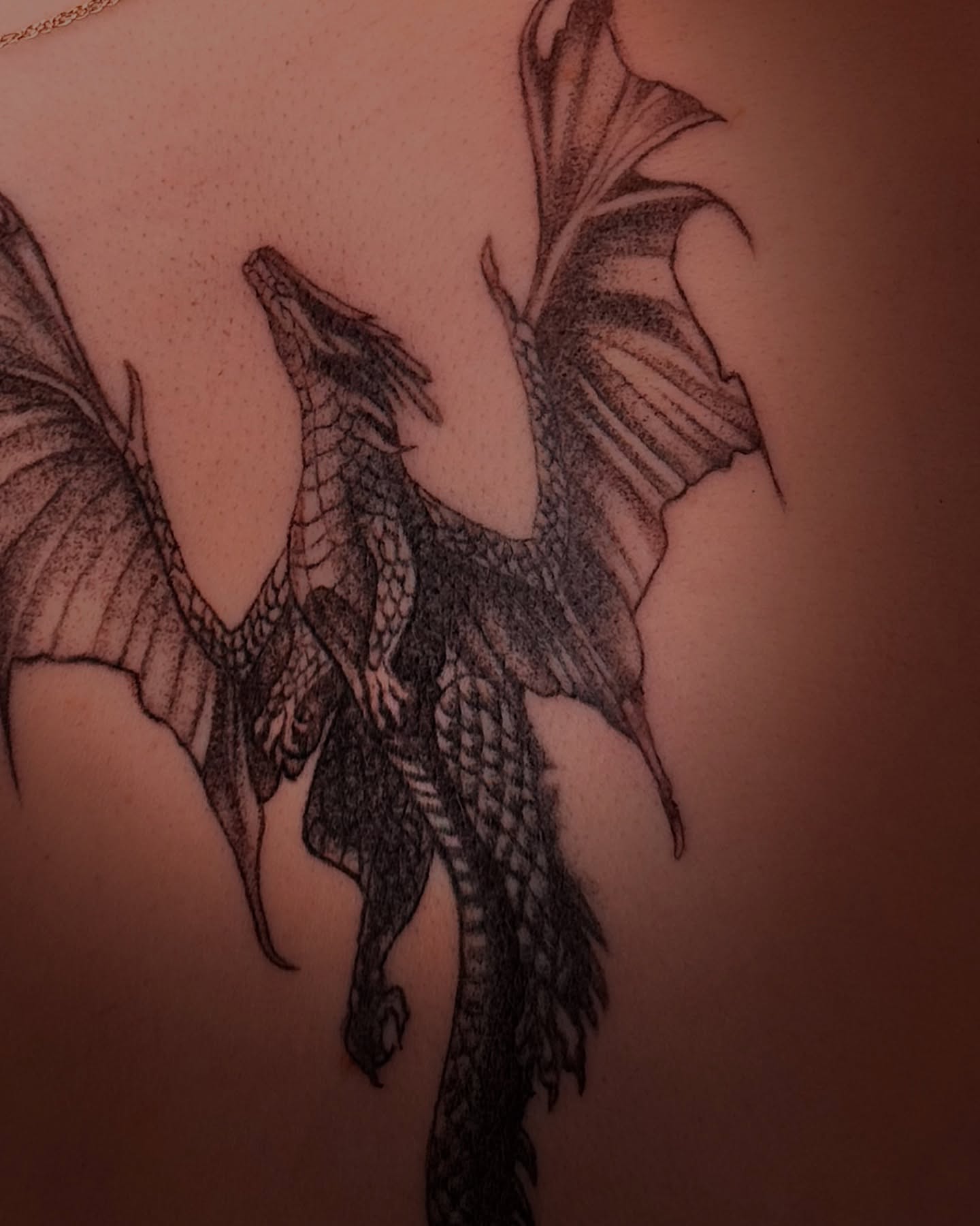 Dragon dotwork tattoo on the back by Виктория Лукьянова