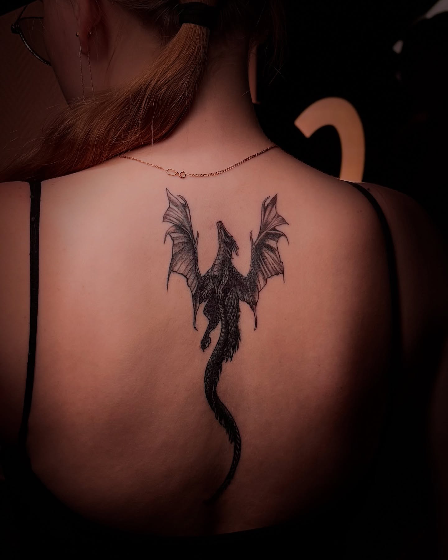 Dragon black and grey tattoo on the back by Виктория Лукьянова