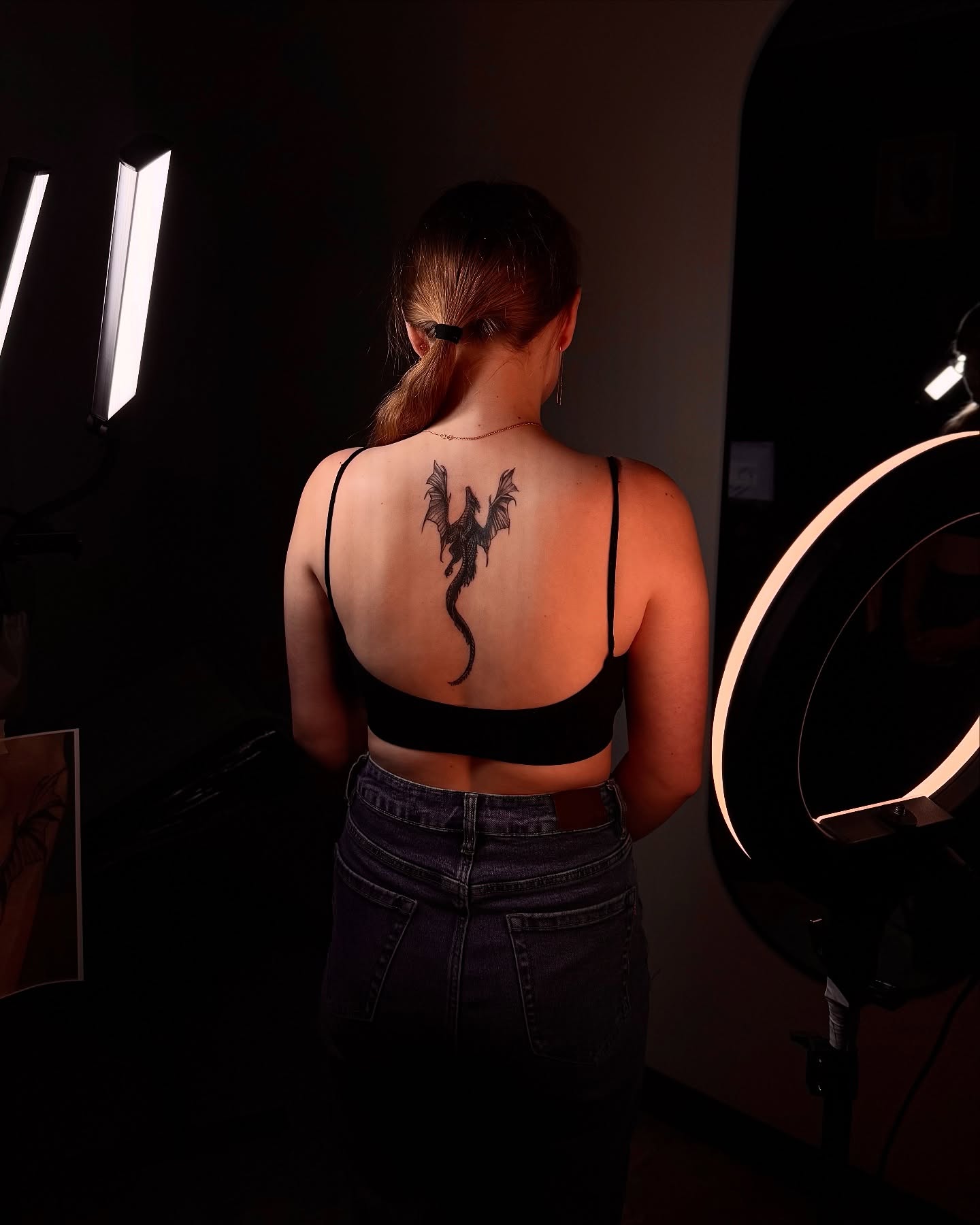 Bat black and grey tattoo on the back by Виктория Лукьянова