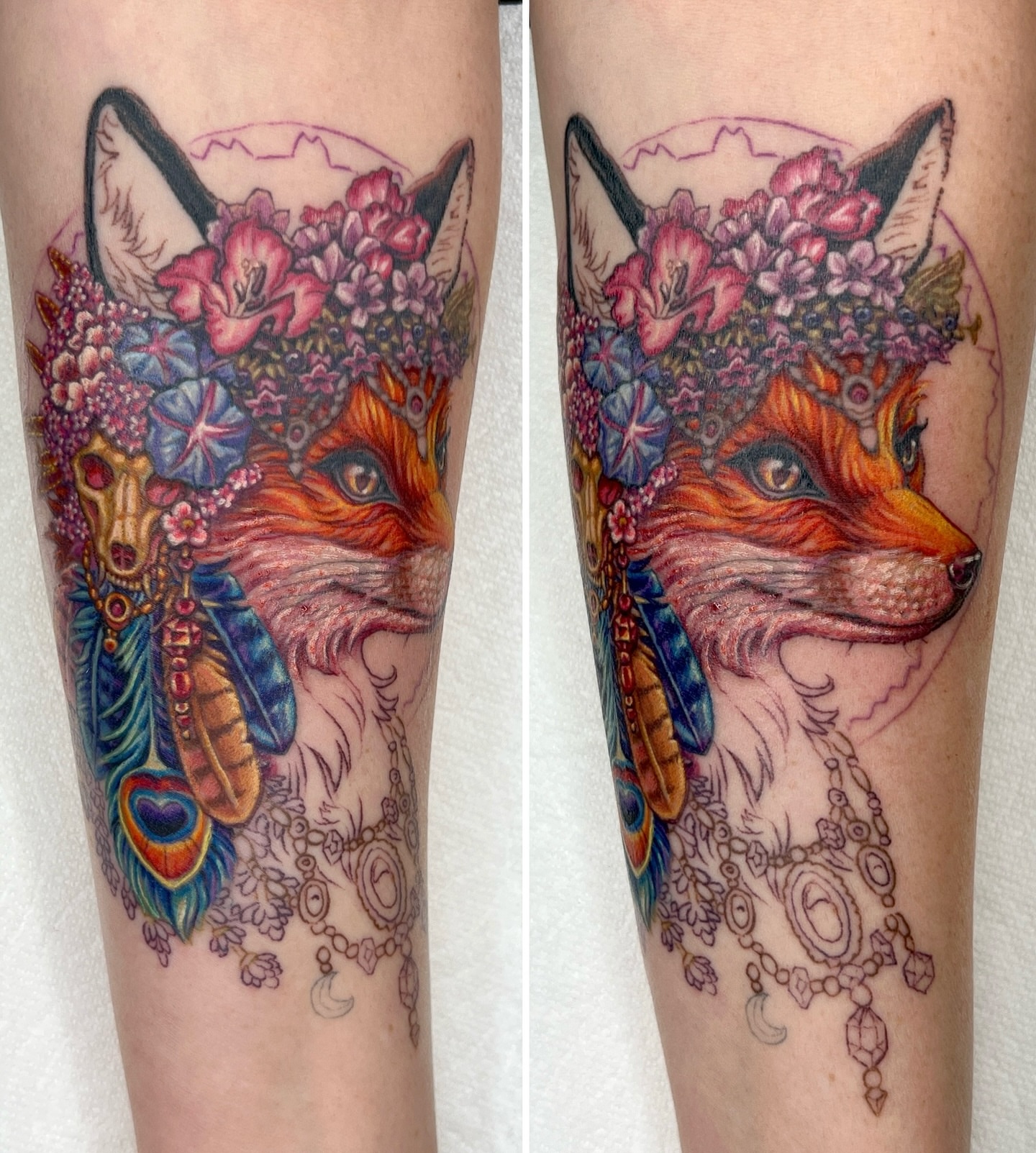 Fox with floral crown illustrative tattoo on the forearm by James Kern * Visionary Tattoo Artist *