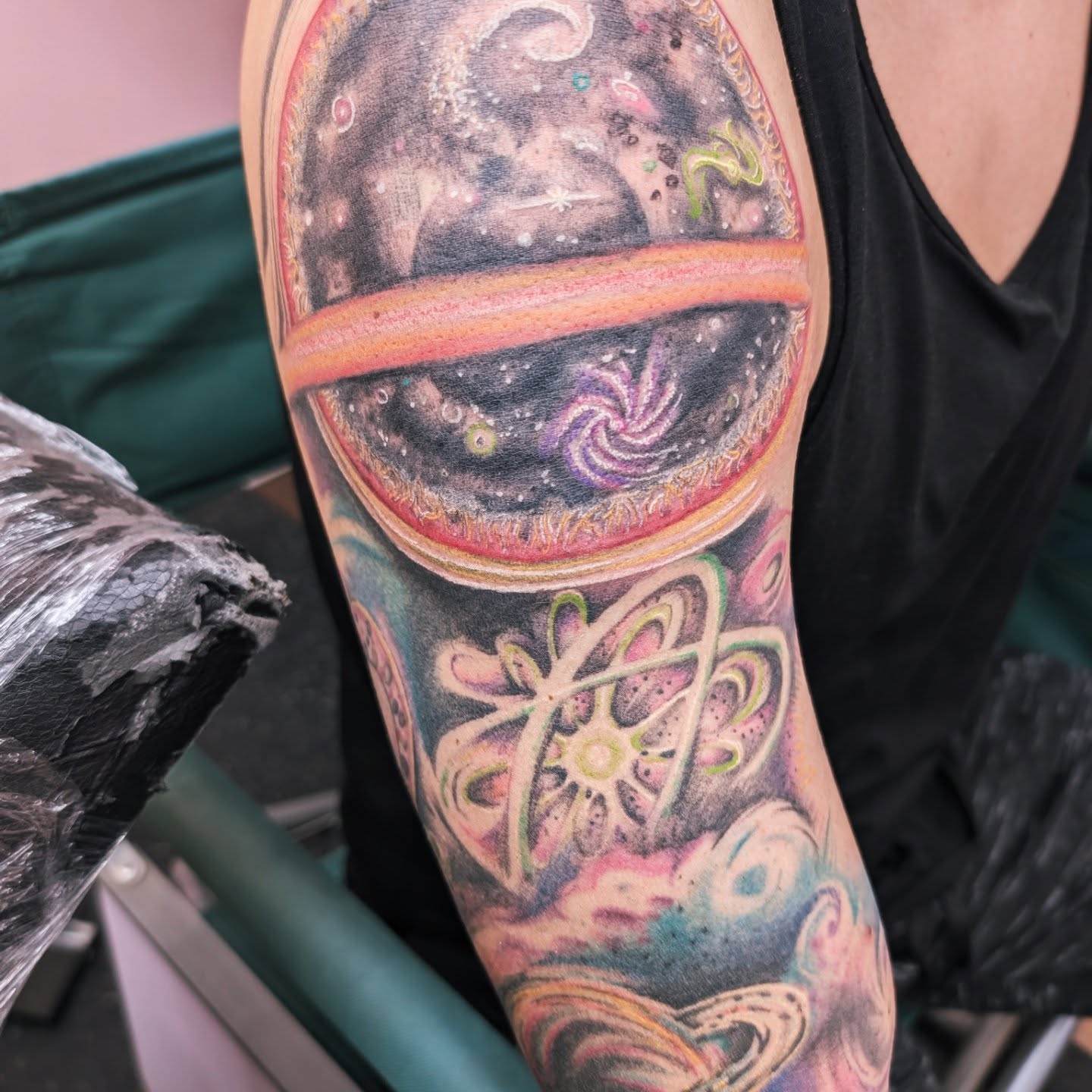 Galactic portal dotwork tattoo on the forearm by Markus Hicks