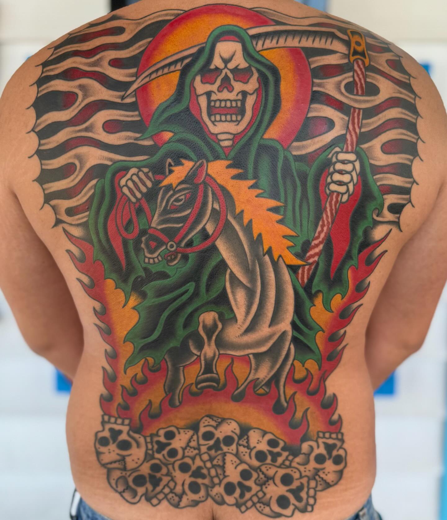 Grim reaper on horseback American traditional tattoo on the back by James Shepherd, Austin, Texas