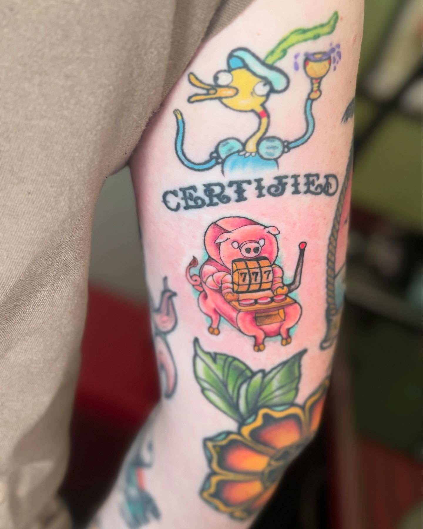 Slot machine pig American traditional tattoo on the forearm by Brandon Seven