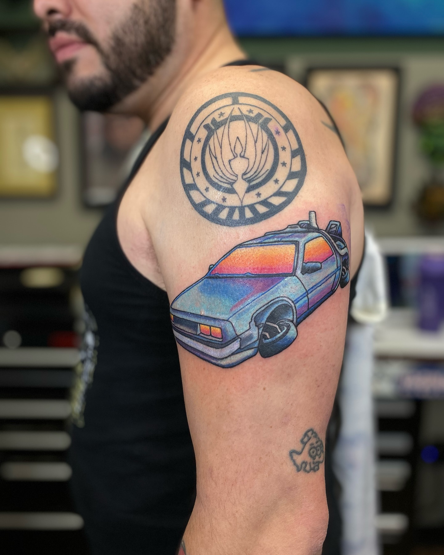 Delorean realism tattoo on the shoulder by Destinee DeFriece