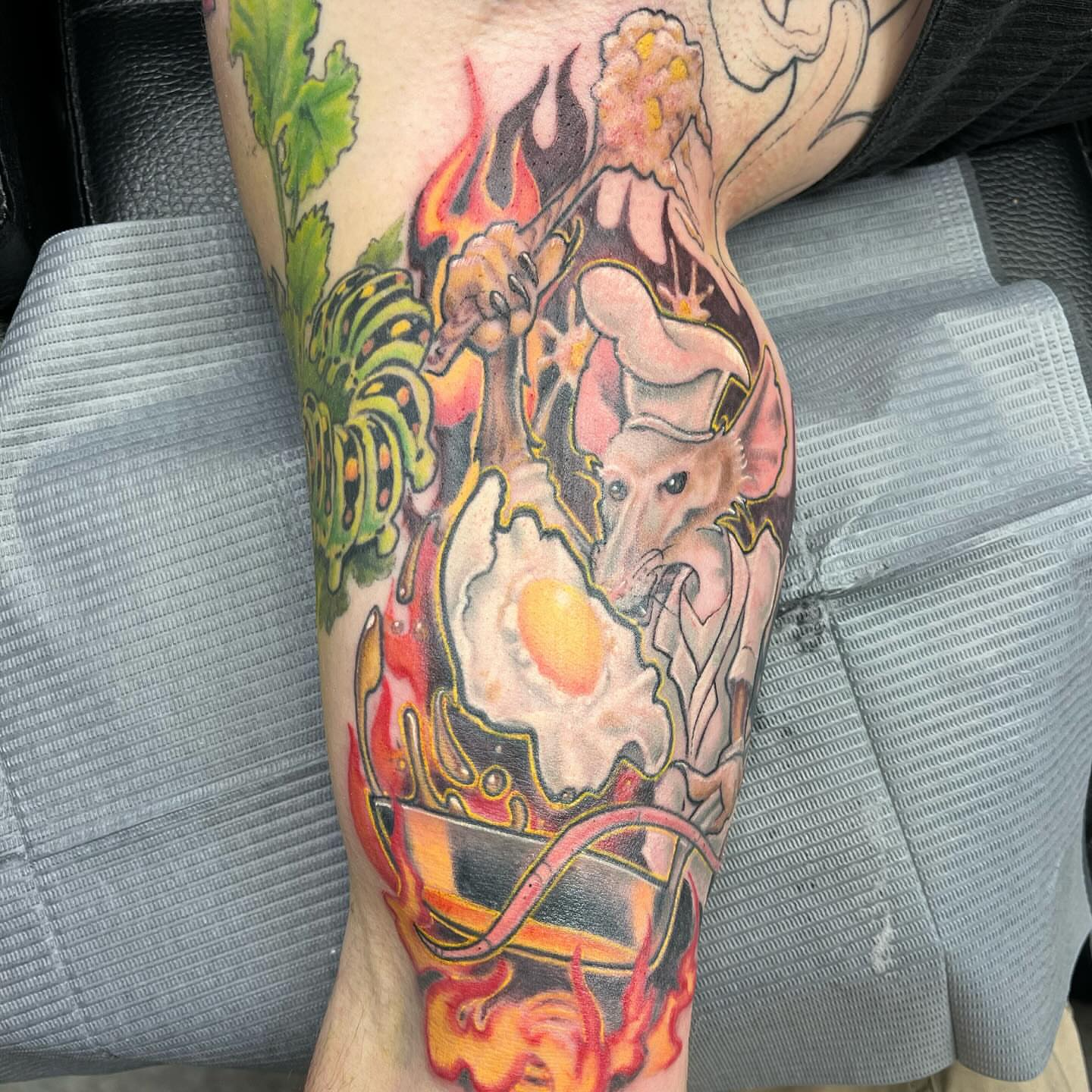 Fried egg new school tattoo on the forearm by scottyjstattoos