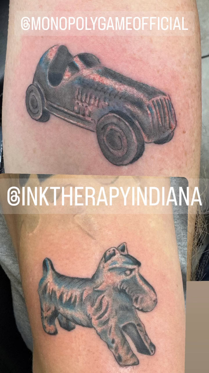 Monopoly car and dog tokens realism tattoo by Chris Allen Taylor
