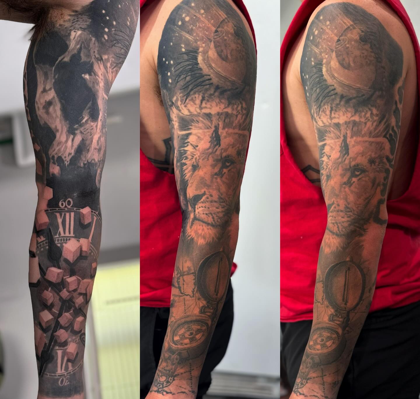 Lion and clock realism tattoo on the upper arm by marcus labonne