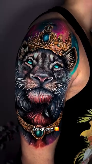 Lioness with crown watercolor tattoo on the shoulder by Kaly, Manhattan, NYC