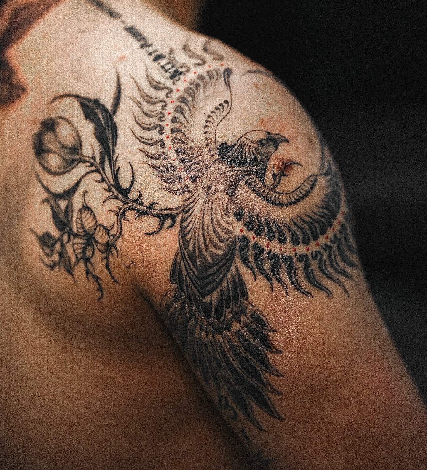 Phoenix black and grey tattoo on the shoulder by ๐
๐๐๐