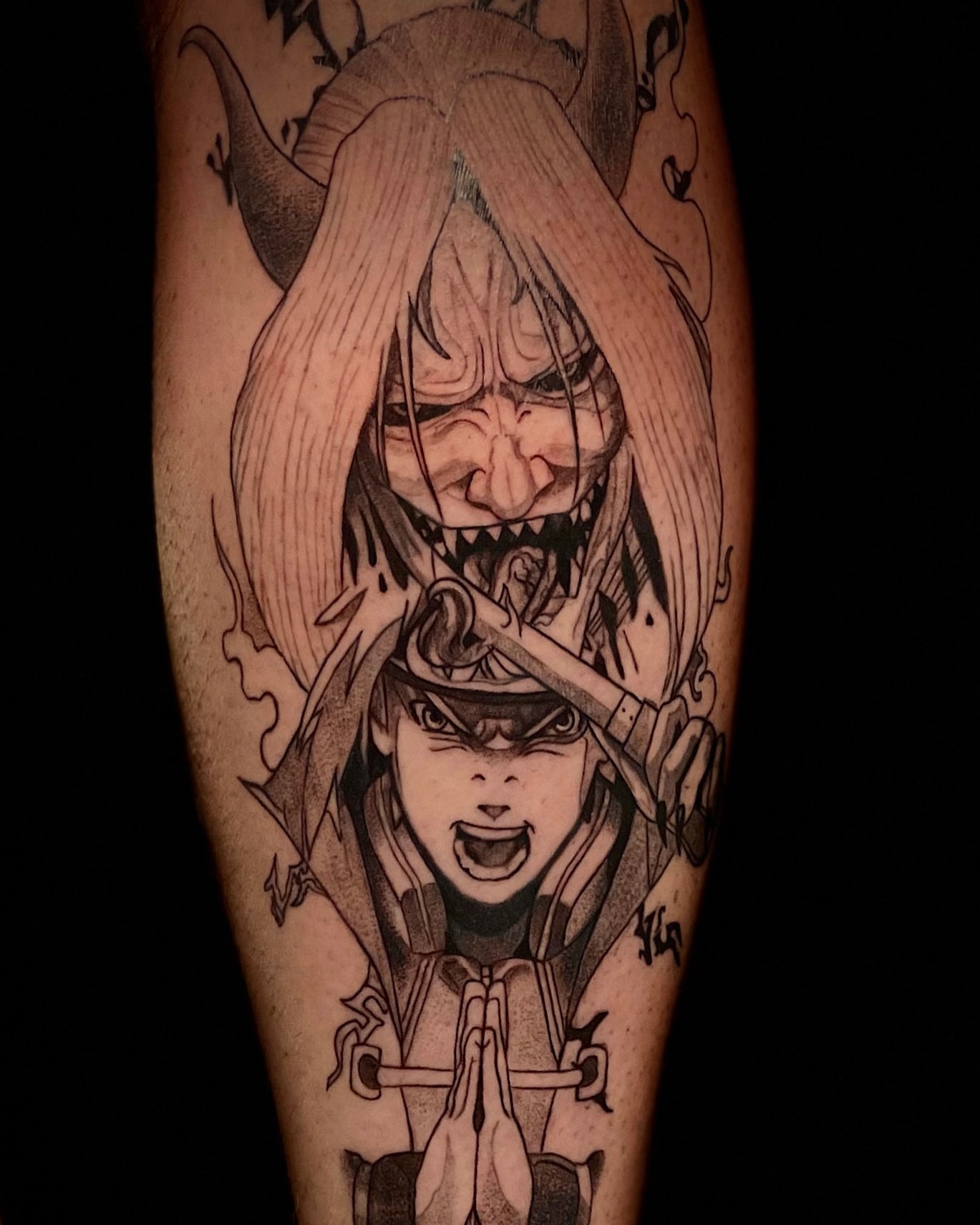 Demon and samurai realism tattoo on the forearm by Виктория Лукьянова