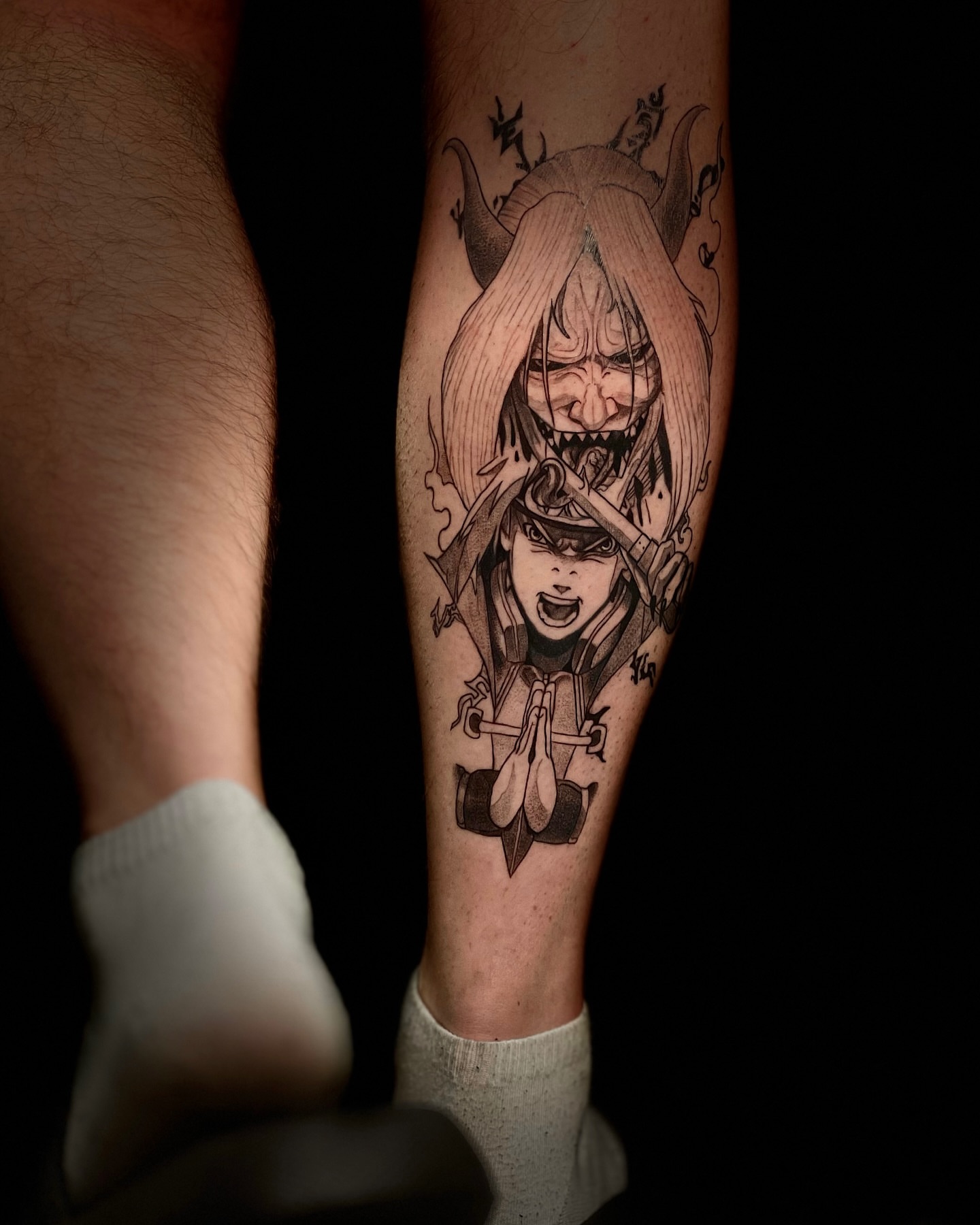 Demon and woman anime tattoo on the forearm by Виктория Лукьянова