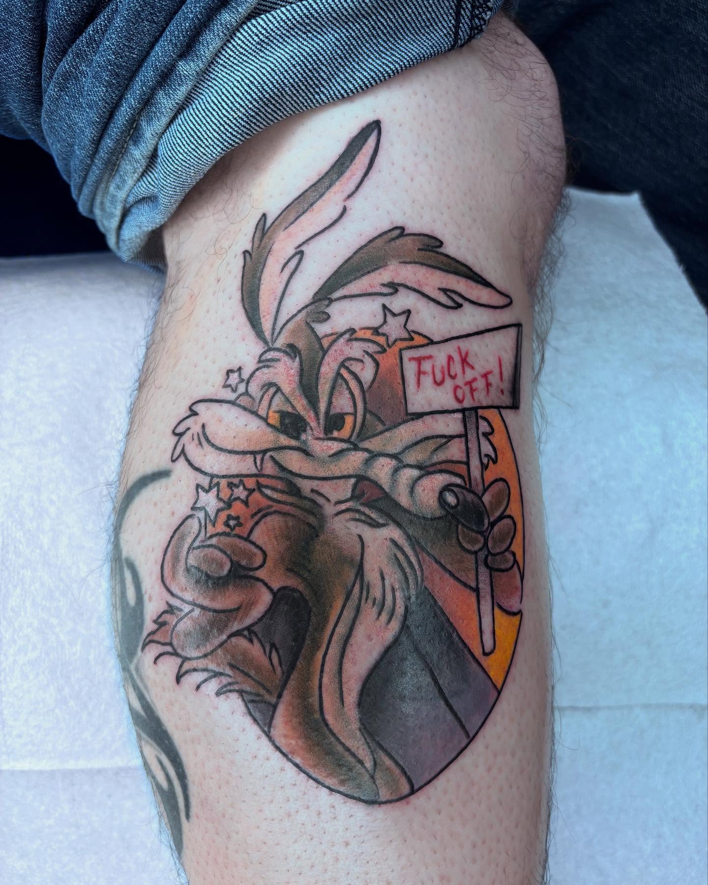 Angry rabbit American traditional tattoo on the thigh by π»πΈπ½π½, Ypsilanti, Michigan