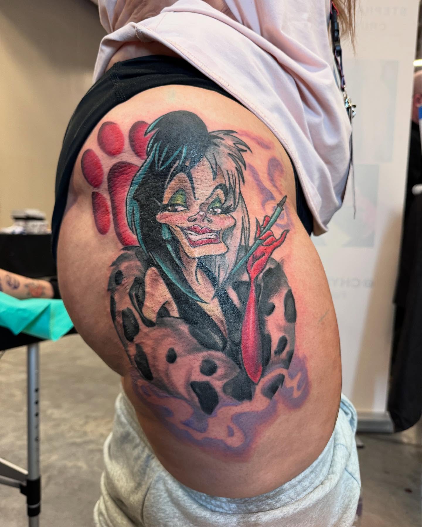 Clown realism tattoo on the thigh by Stephanie Cruz, Kansas City, Missouri