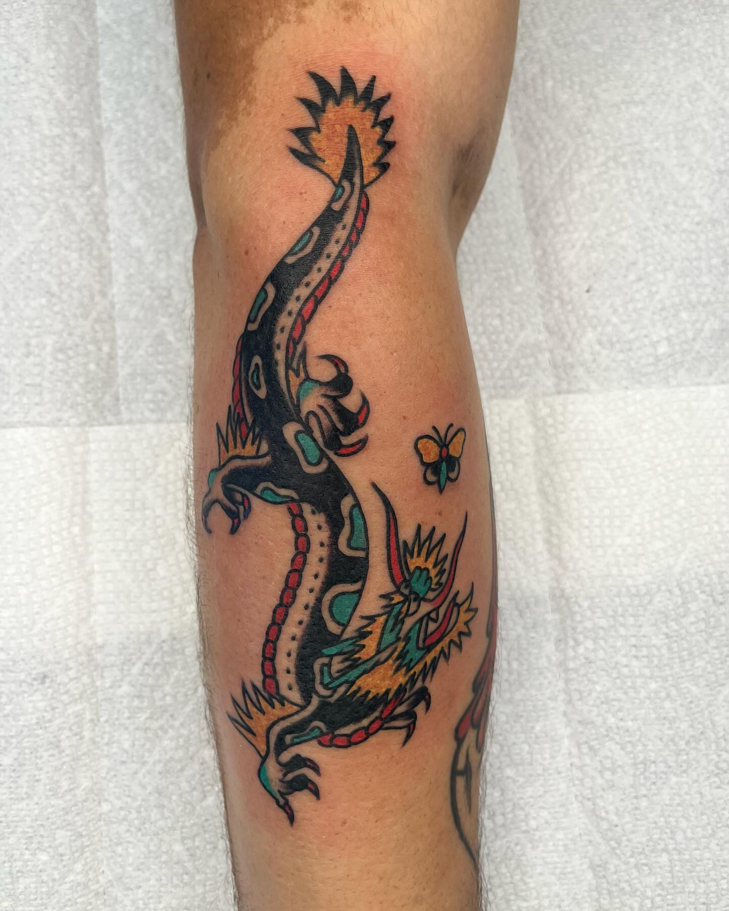 Dragon American traditional tattoo on the forearm by zach arlan, Kansas City, Missouri