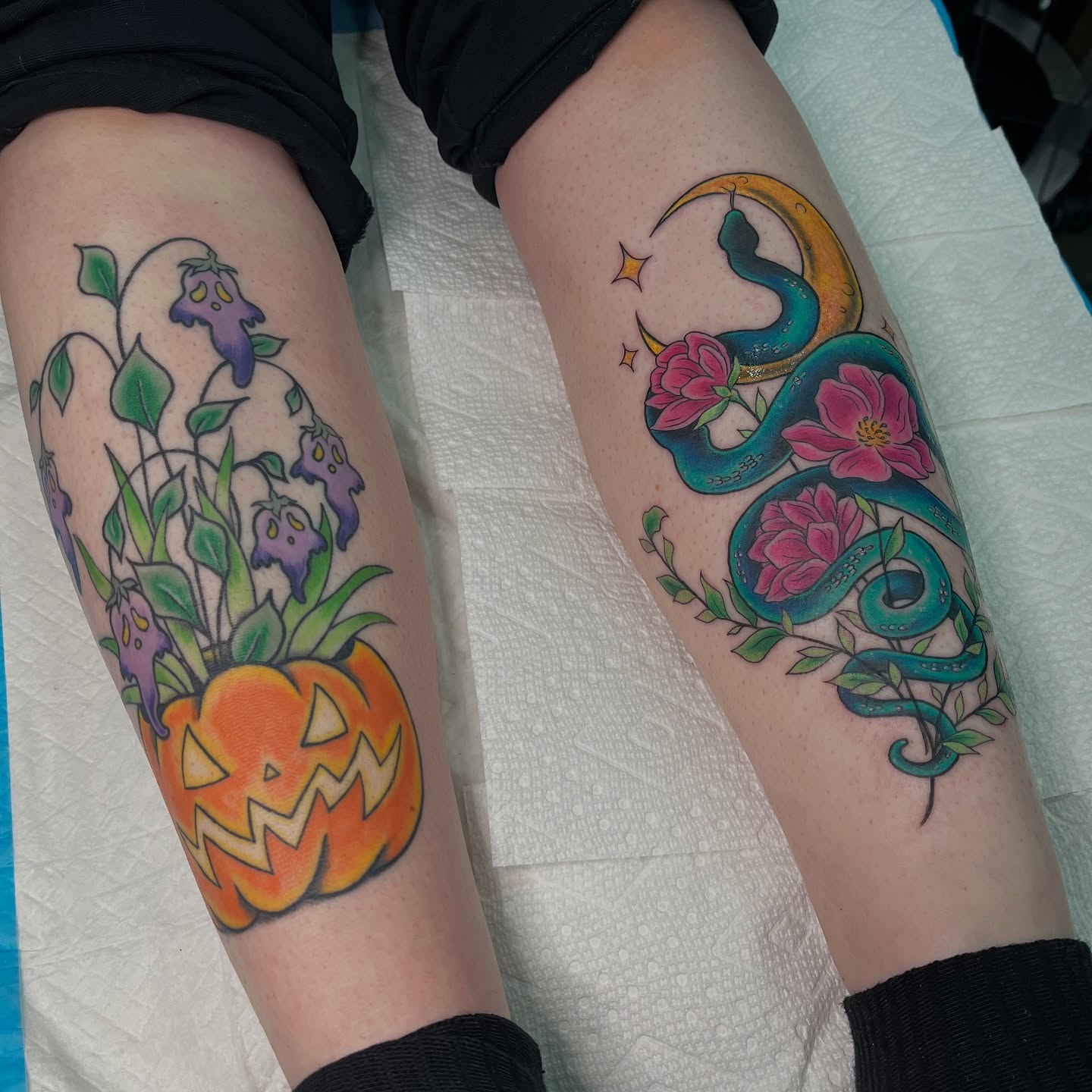 Halloween-themed pumpkin and ghost American traditional tattoo on the forearm by Krystal ✨