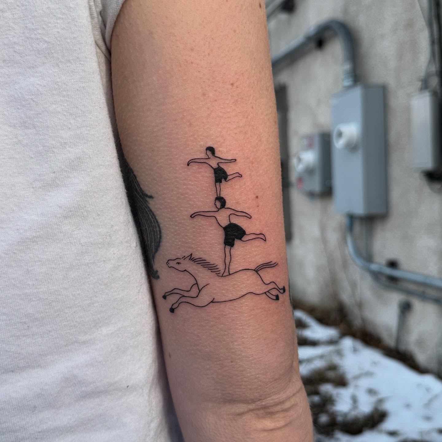Acrobats on horse minimalist tattoo on the forearm by house0fsleep 💤