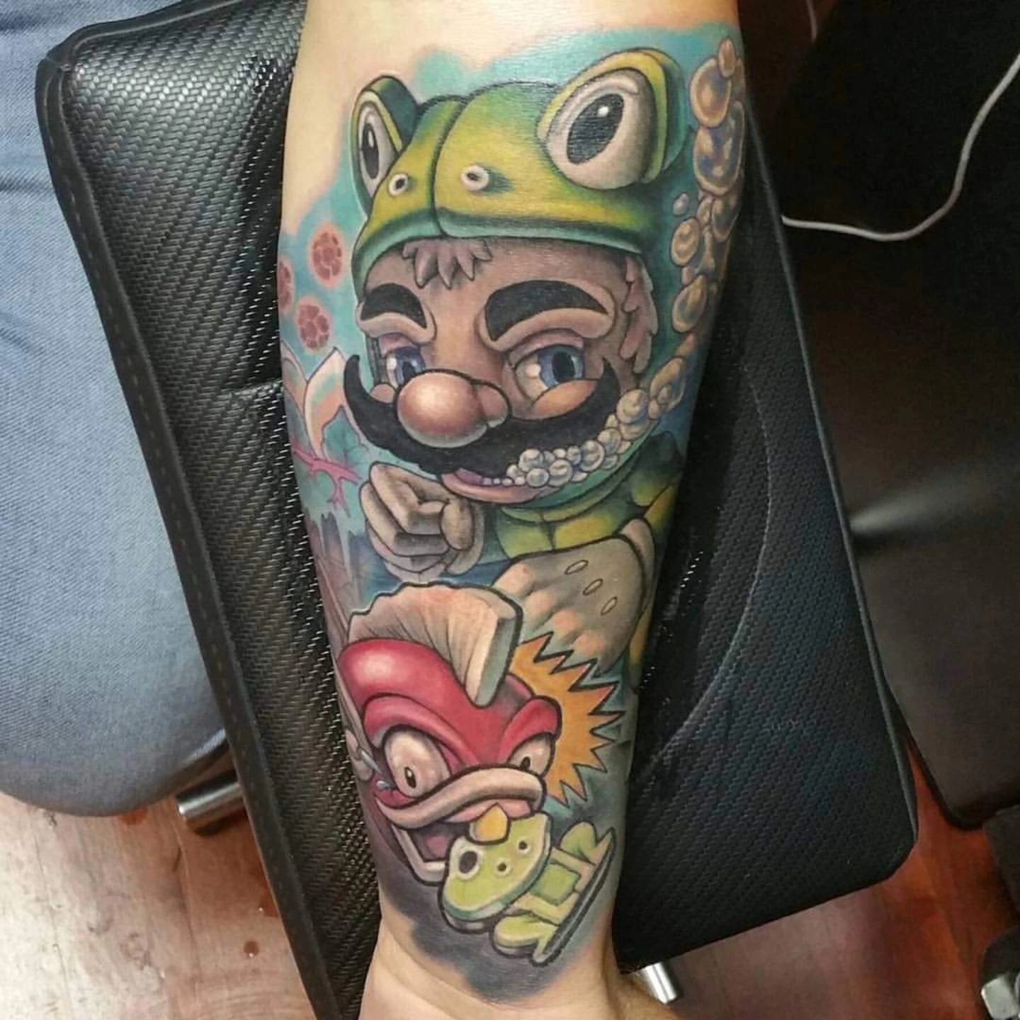 Frog and mario new school tattoo on the forearm by Chicago Tattoo Artist New School Tattoos, Naperville, Illinois