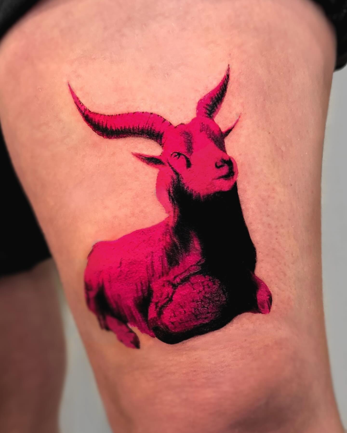 Goat realism tattoo on the thigh by Bennie Bae