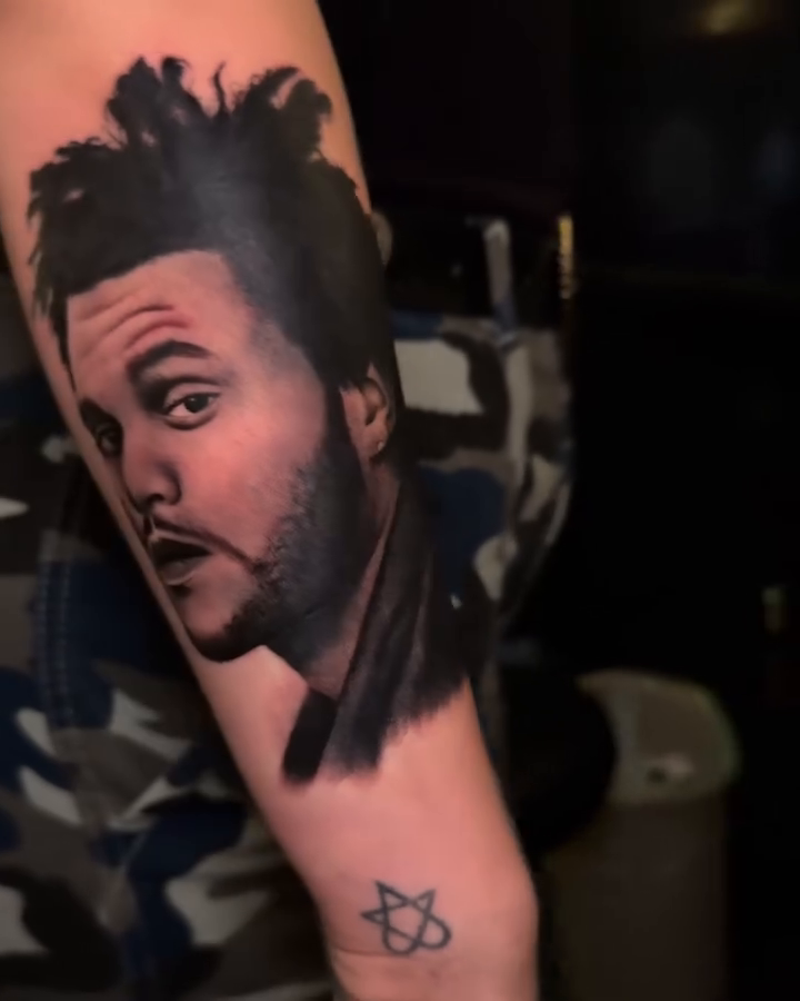 Portrait of The Weeknd realism tattoo by Kaleb Trujillo