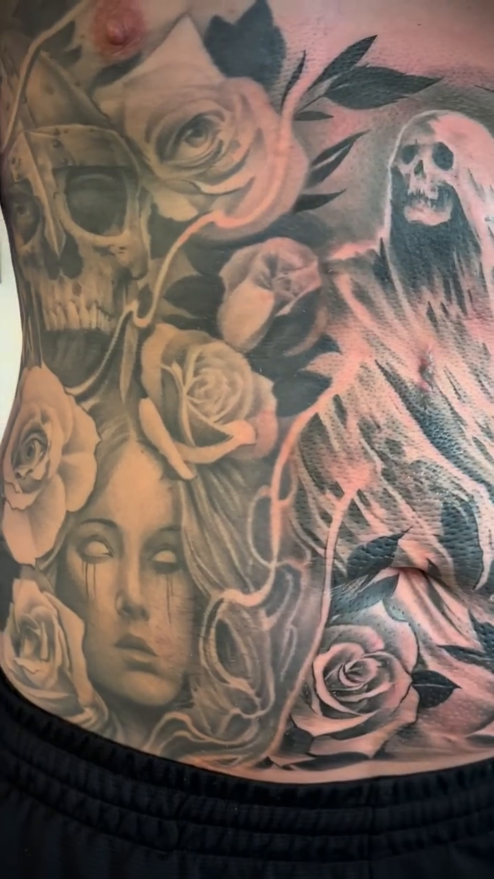 Grim reaper and roses dark realism tattoo by Mason Williams